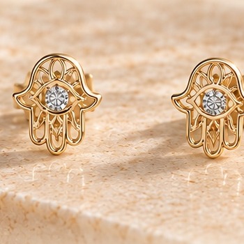 Broqueles de mano de Fátima con circonias en oro de 14k