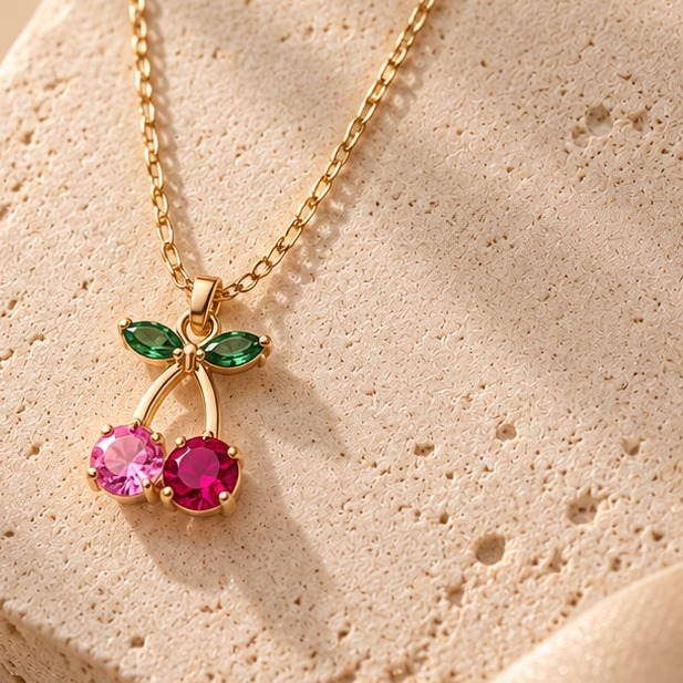 Collar con dije de cereza en oro de 14k
