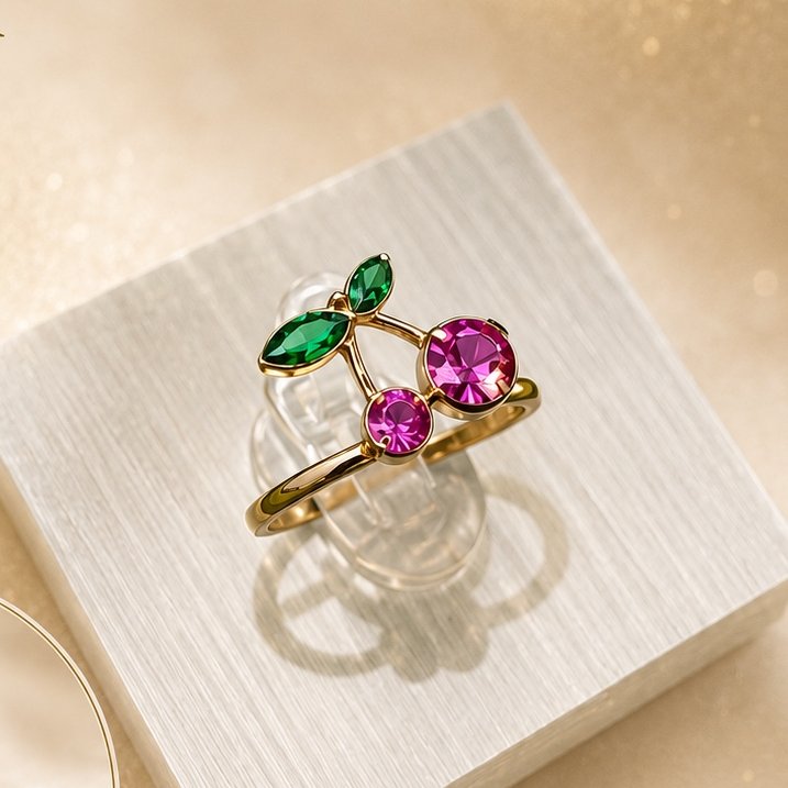 Conjunto Cereza: anillo y collar en oro de 14k