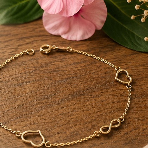 Pulsera de infinitos y corazones alternados en oro de 14k